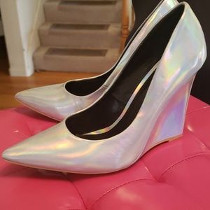 Shoe Dazzle Silver Wedge Pointy Pumps